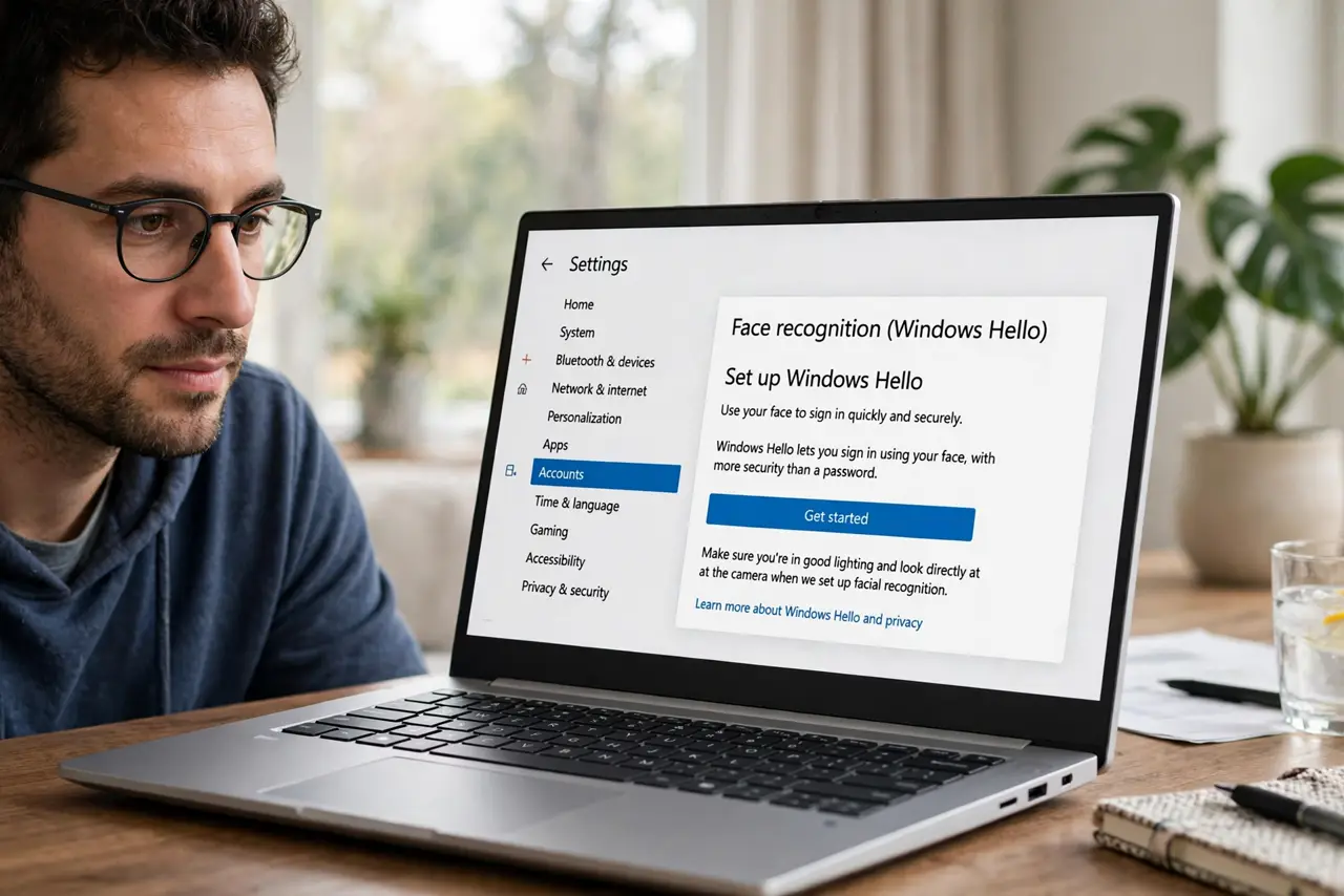 A person calmly performing the guide's first step: Set up Windows Hello first.