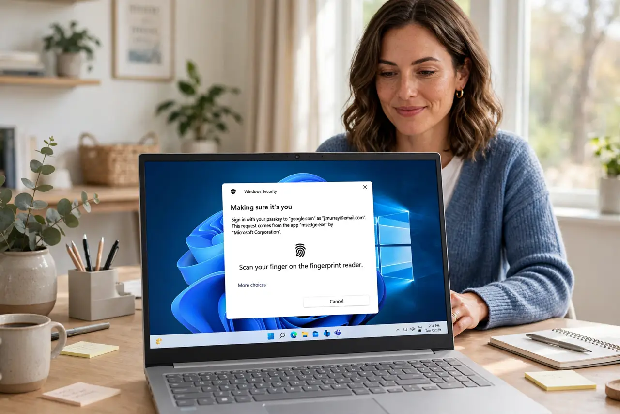 a person using a real Windows laptop showing a Windows Hello passkey login prompt with a fingerprint icon, the person's face relaxed and confident, bright home office. No black scr.