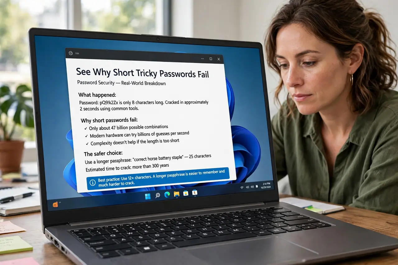 Step 1 in action for Passphrase vs Password: See why short tricky passwords fail.