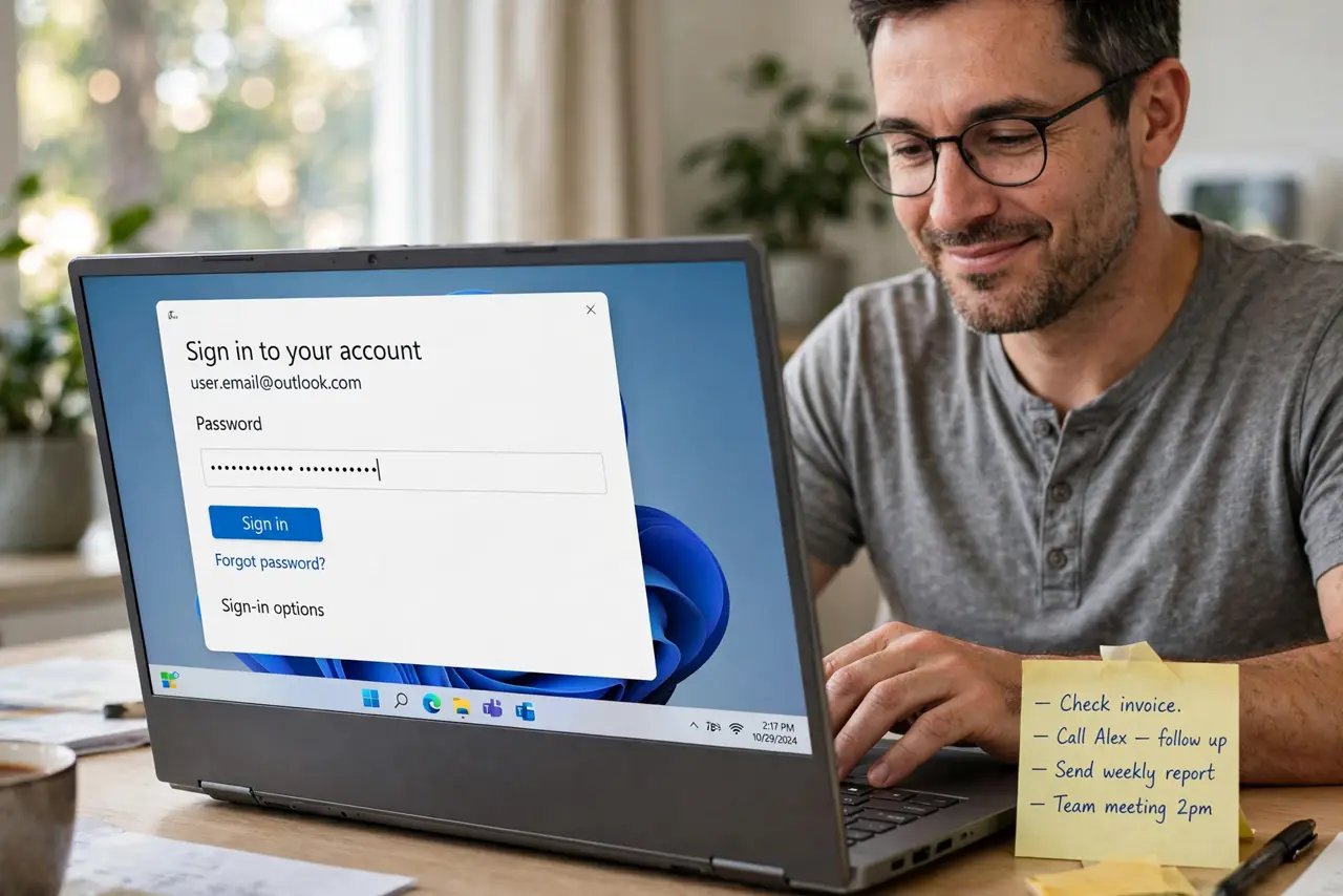Passphrase vs Password — a calm adult typing on a real laptop with a password field showing dots, a sticky note with ordinary words bes