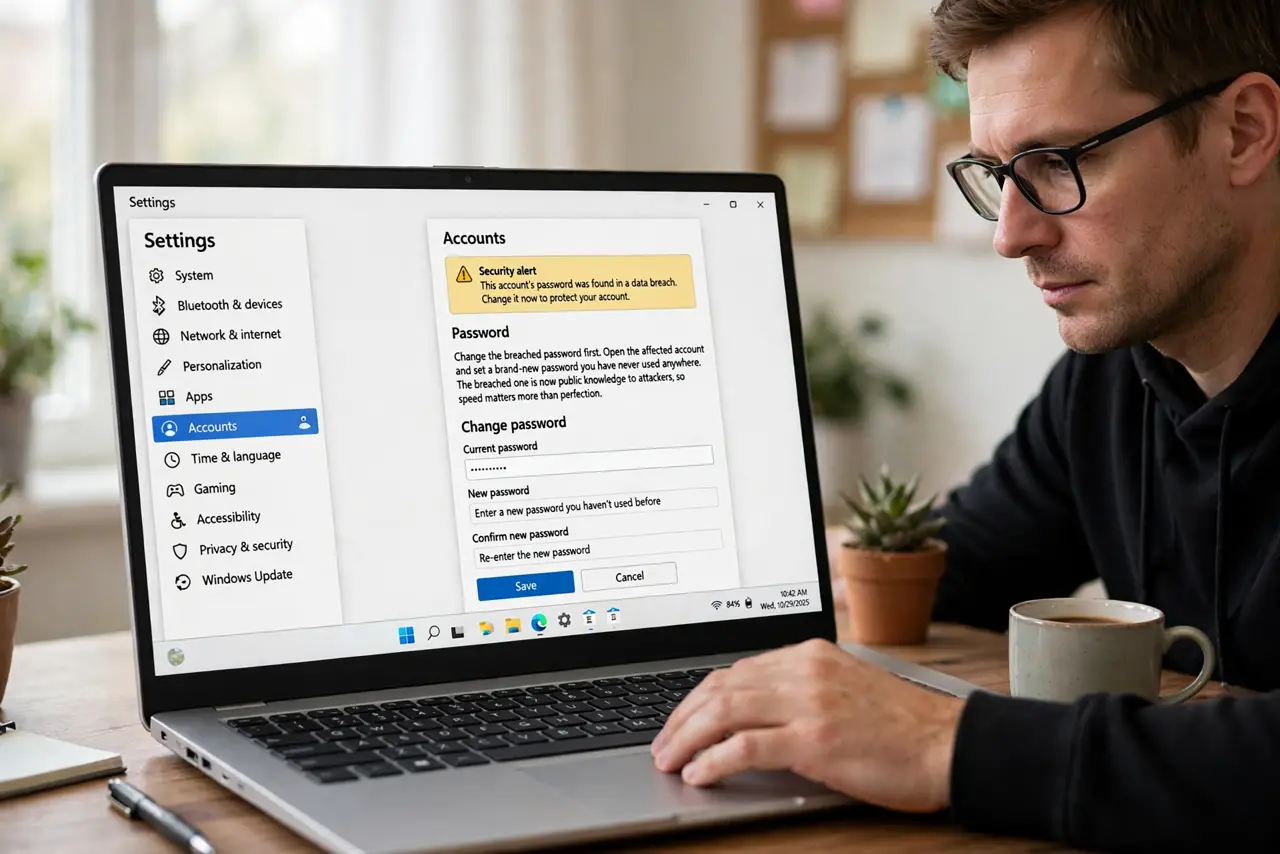 A person performing step 1 of the guide: Change the breached password first. Open the affected account and set a brand-new password you have never used anywhere. The breached...