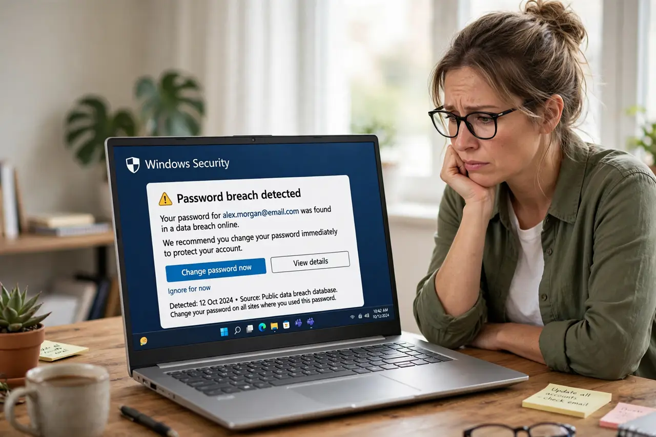 a calm adult at a desk with a real laptop, the screen showing a normal password breach warning with legible text, the person acting on it calmly