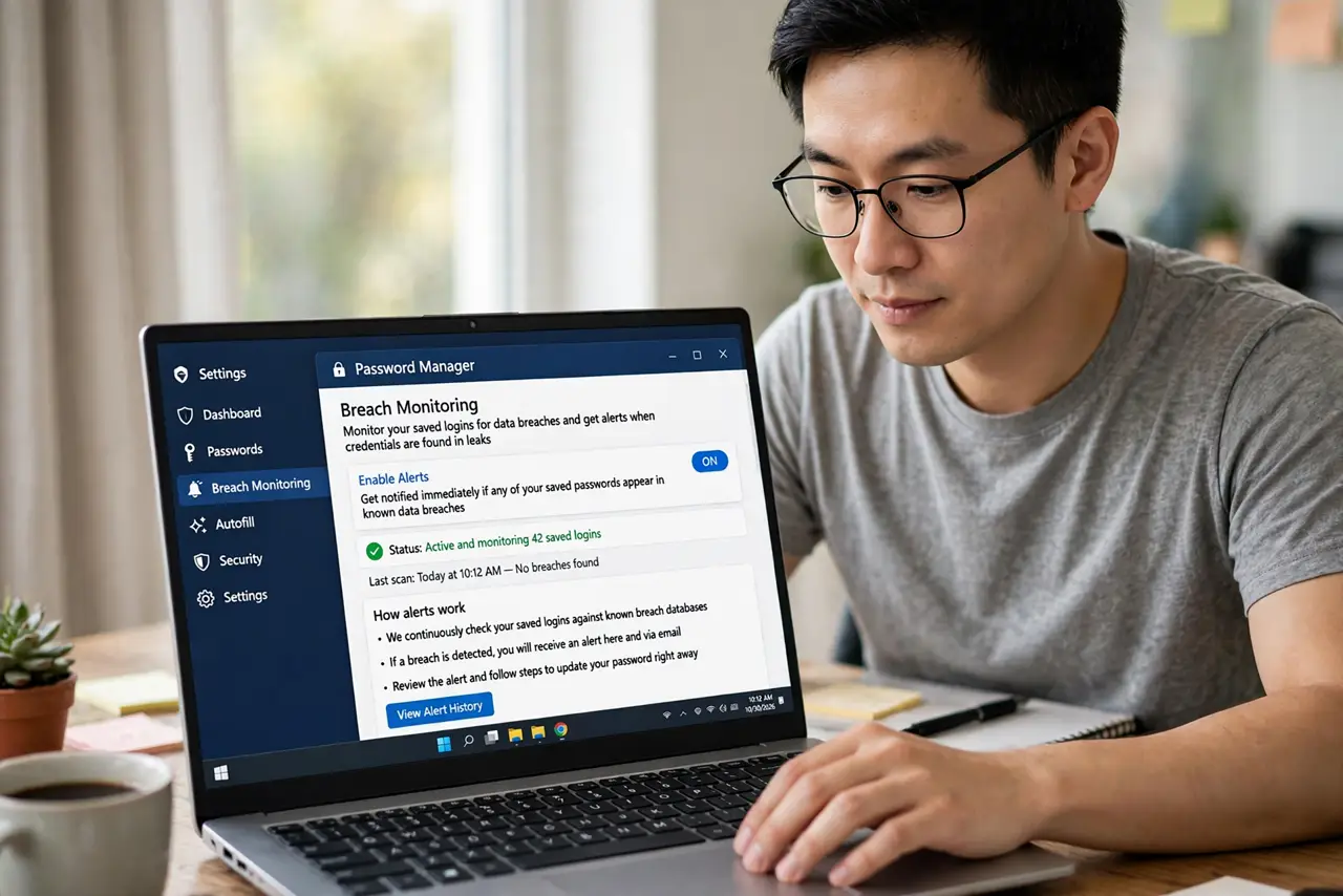 A person performing the first step of the guide: Enable alerts in your password manager.