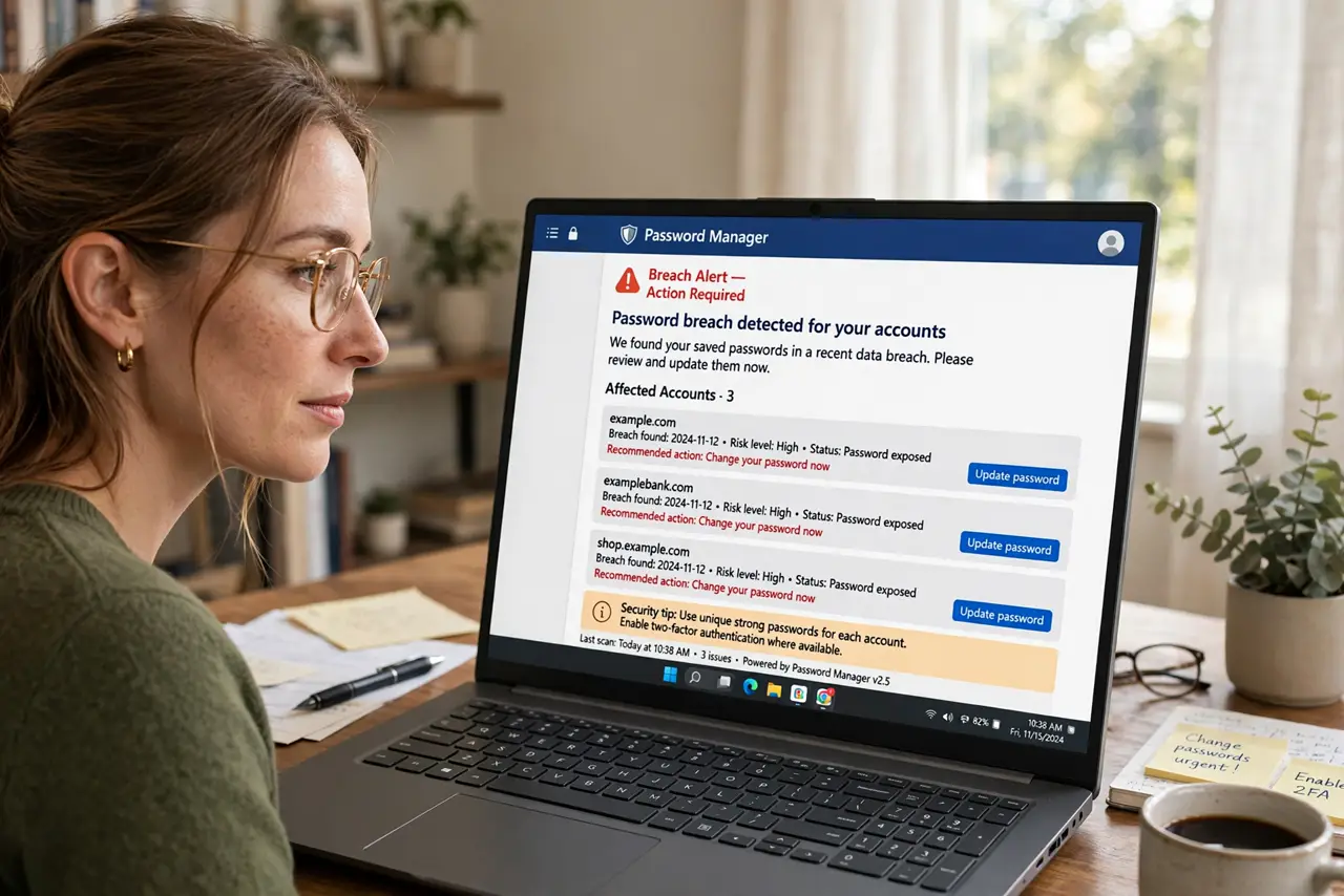 a person at a real desk looking at a real laptop showing a password manager breach alert with legible warning text, the person's face alert but calm, home office.