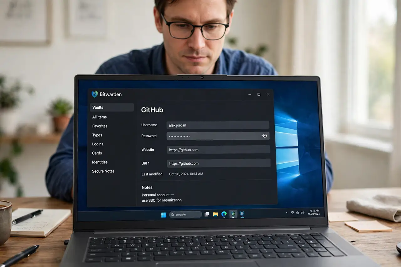 a calm adult at a desk with a real Windows laptop showing a password manager entry on the real screen, fields legible without revealing a real password. No blac