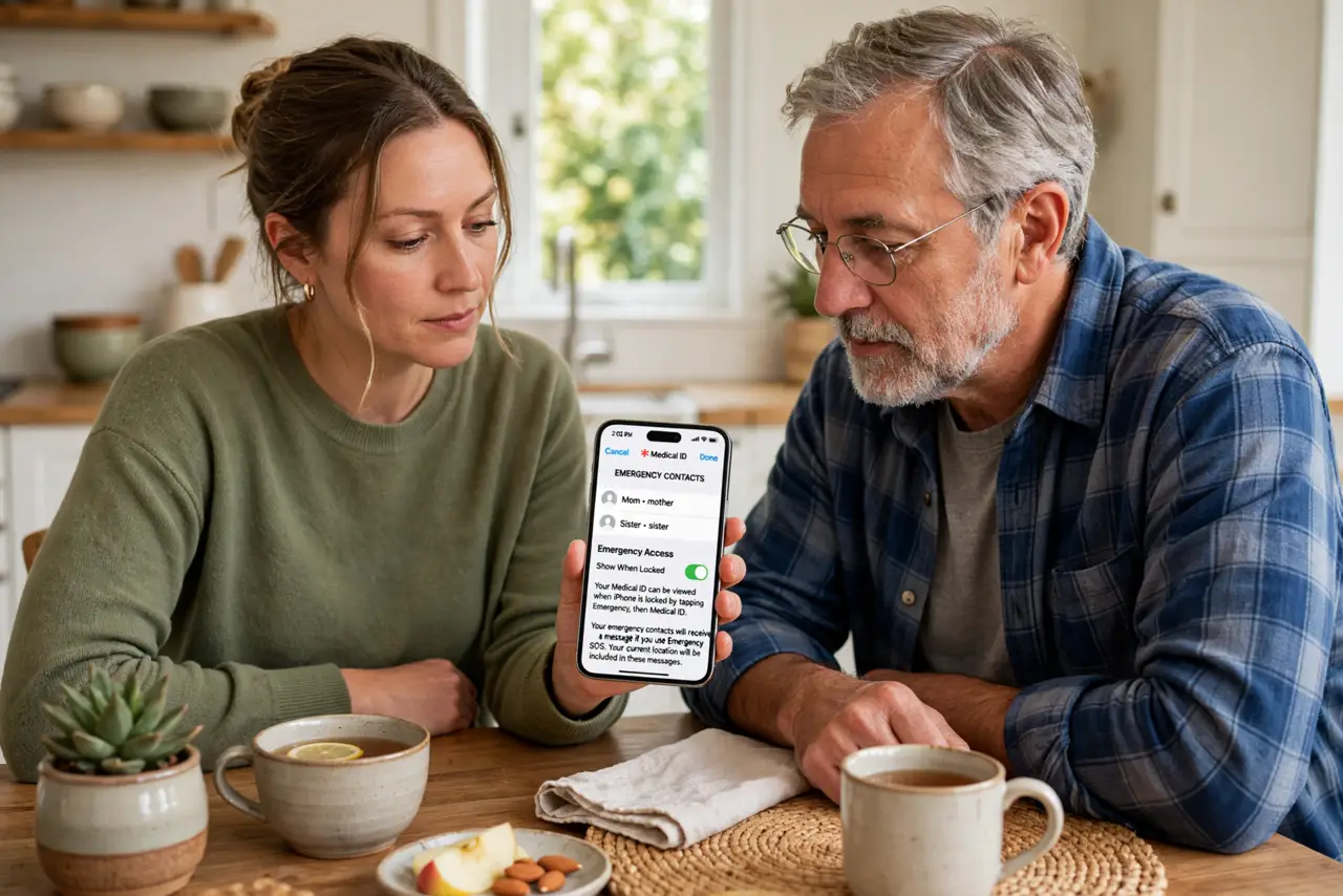 a person discussing with a trusted family member at a kitchen table, a real phone showing emergency contact settings with legible text, both faces serious but reassured, home.