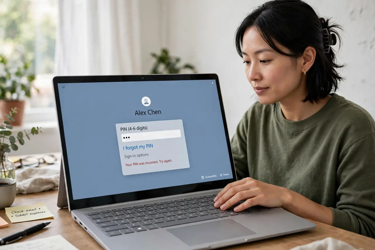 A calm adult pausing at the Windows sign-in screen with hands off the keyboard, looking at the recovery option.