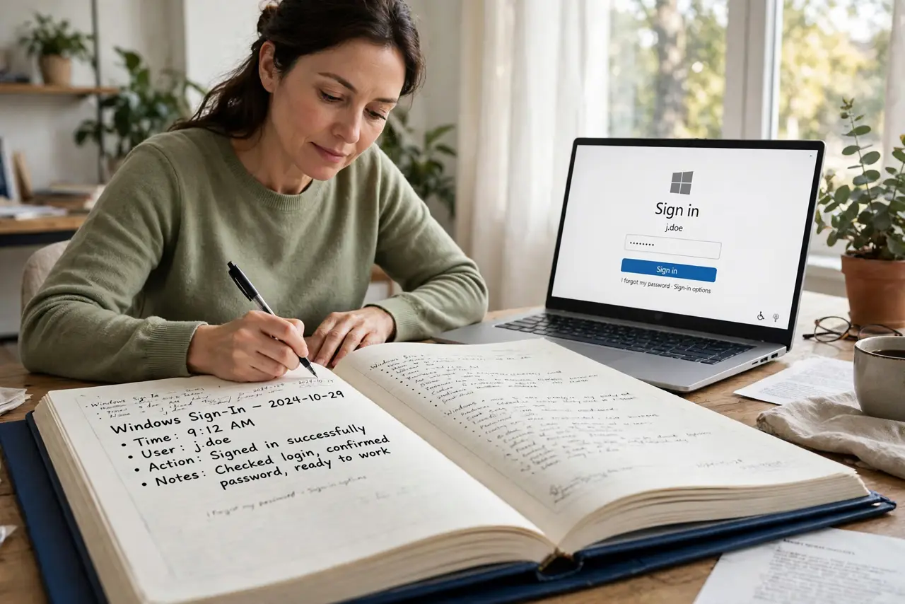 A calm adult at a desk signing in on a Windows laptop, the sign-in screen clearly visible.