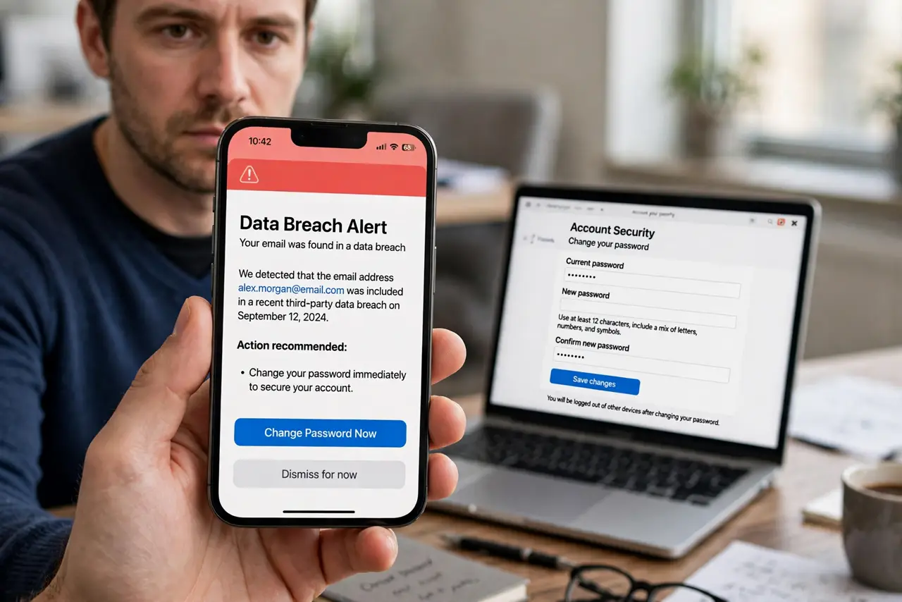 Password in a Past Data Breach? Change It Now — photo showing the situation described in the guide.