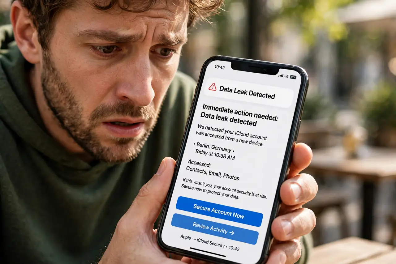 'Password in a Data Leak' Alert — a worried adult staring at a real phone showing a data leak alert with fully legible text, the person's face s