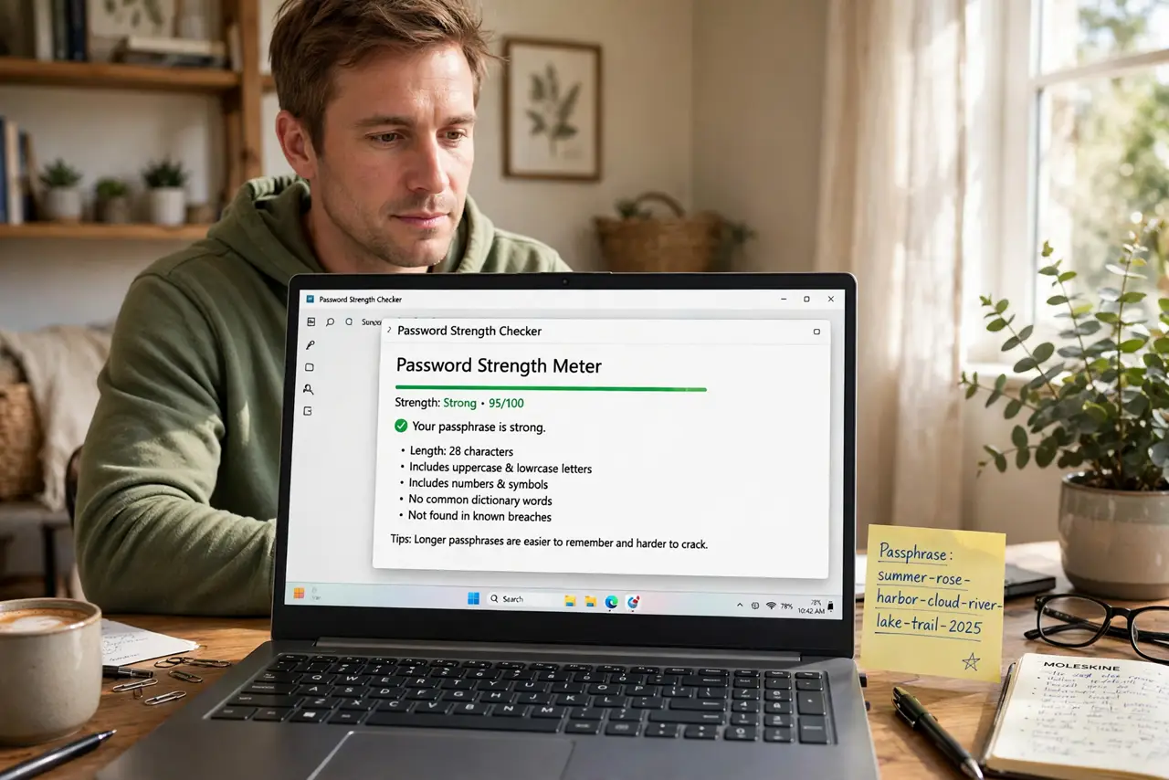 a person at a desk looking at a real laptop showing a password strength meter with legible text, a long passphrase written on a sticky note beside it, the person's face enlightened, home office.
