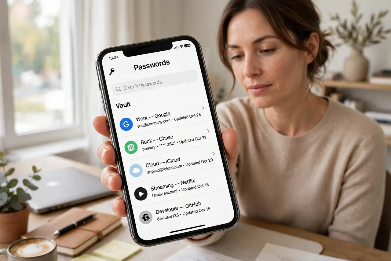 a calm adult at a desk with a real phone in hand showing a password manager app on the real screen, vault entries list legible without revealing real passwords.