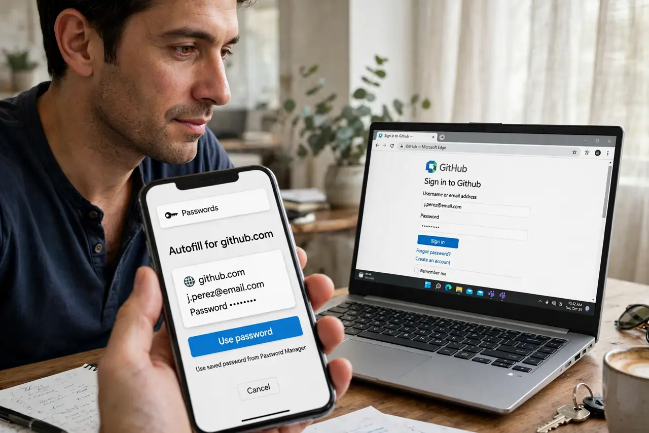 Password Manager vs Browser Autofill — a thoughtful adult holding a real phone showing a password autofill prompt with fully legible text, a laptop o