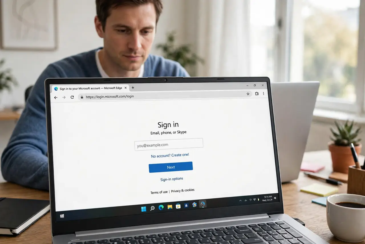 a calm adult at a desk with a real Windows laptop showing a browser login page on the real screen with the address bar legible. No black screen, no blank white