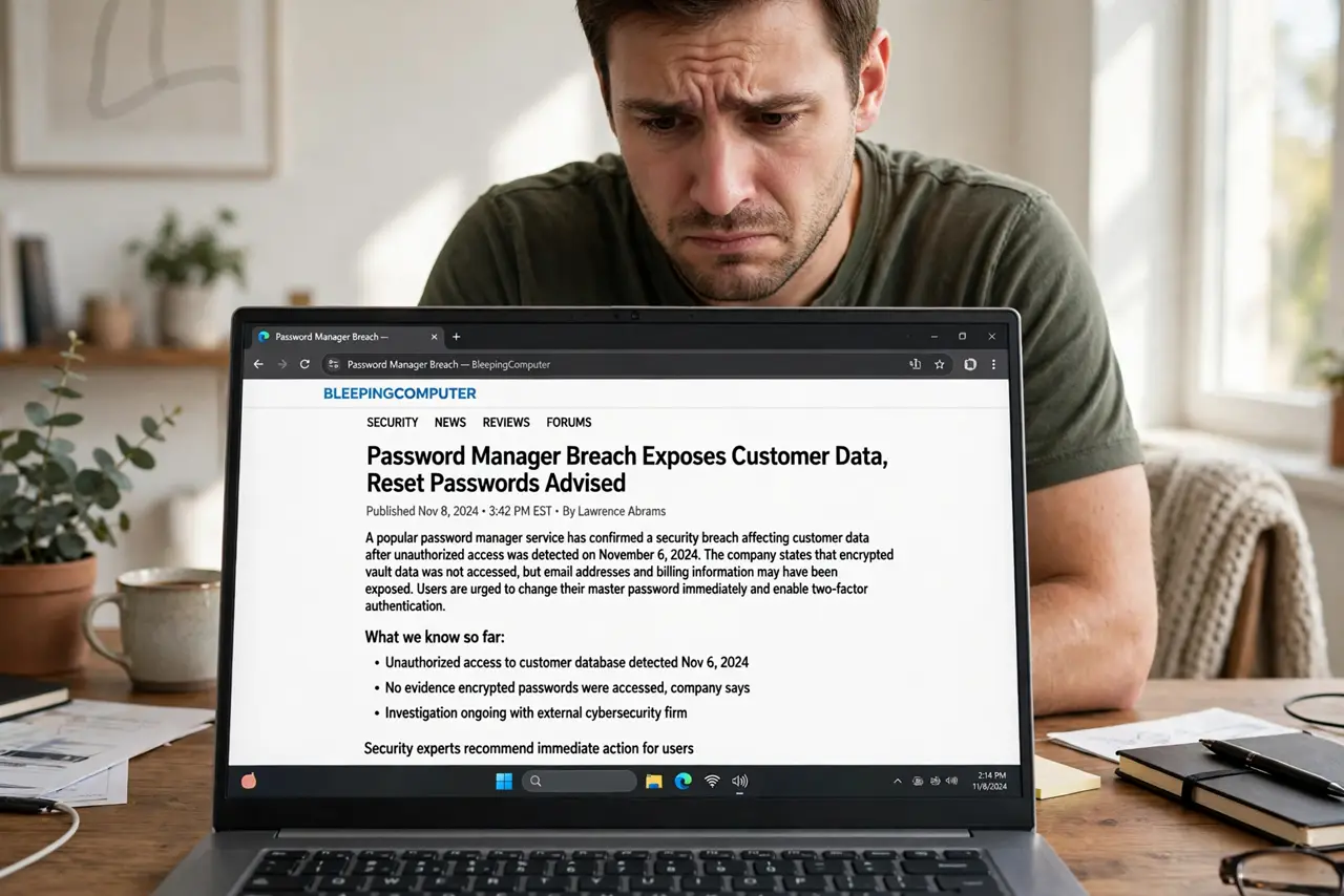 a person reading a real security news article on a laptop about a password manager breach, the person's face concerned but calm, home office.