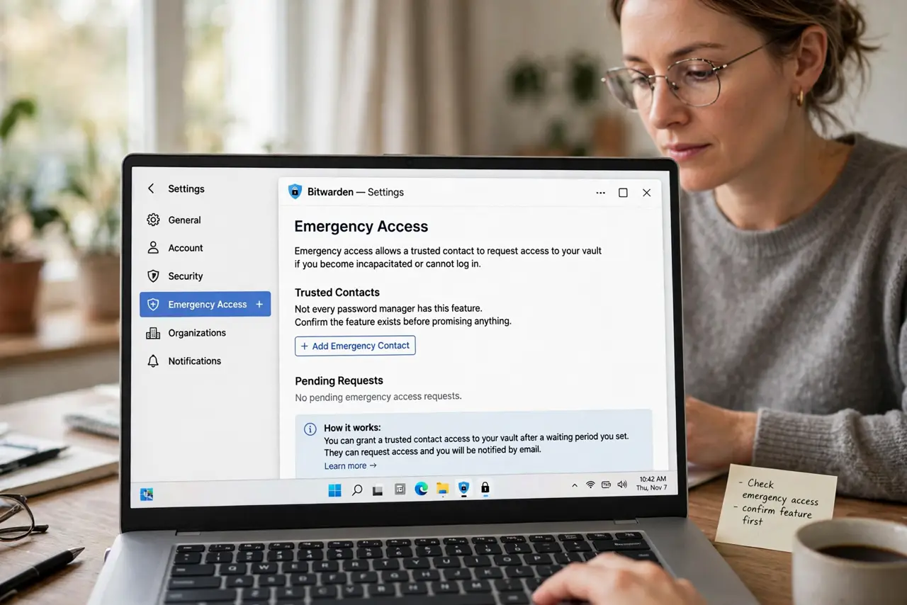 A person performing step 1 of the guide: Find the emergency access feature. Open your password manager's settings and look for emergency access, trusted contact, or legacy...