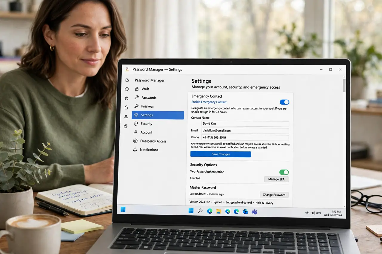 a calm adult at a desk with a real laptop, the screen showing a normal password manager settings page with an emergency contact option and legible text, the person reviewing it