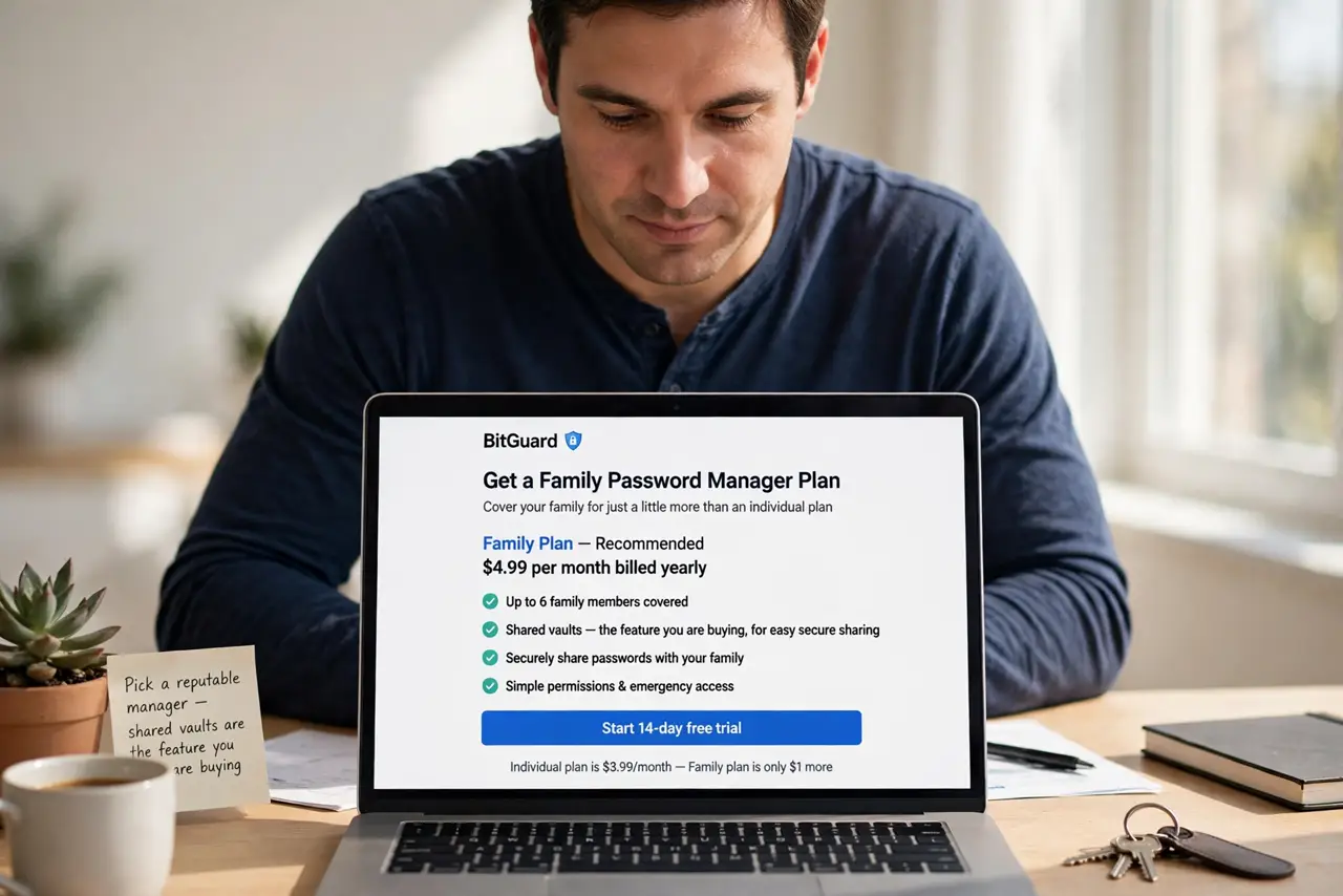 A person performing the first step of the guide: Get a family password manager plan.