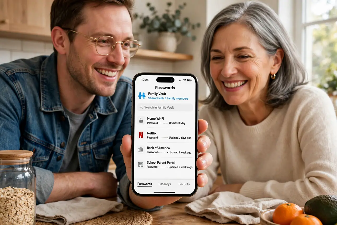 a person showing a family member a real phone with a password manager family vault open and legible entries, both smiling, kitchen table at home.
