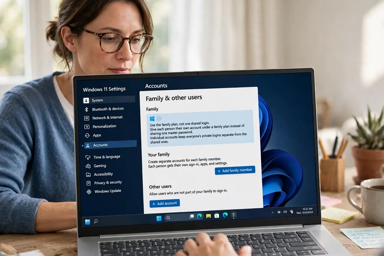 A person performing step 1 of the guide: Use the family plan, not one shared login. Give each person their own account under a family plan instead of sharing one master...