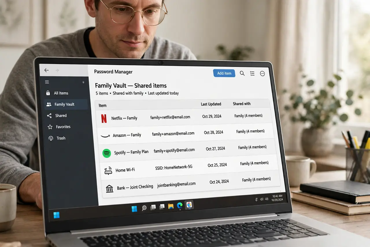 a calm adult at a desk with a real laptop, the screen showing a normal password manager family vault with shared login entries and legible text, the person organizing them