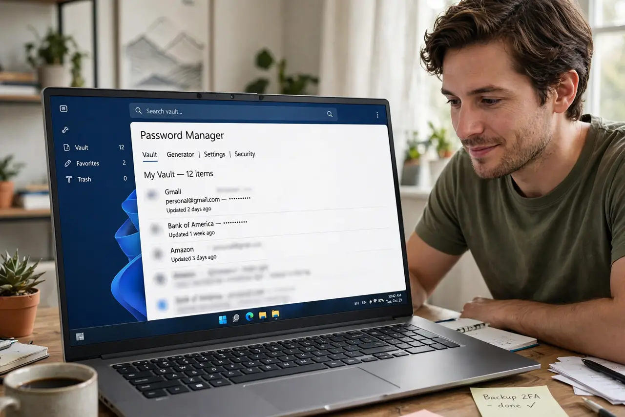 a person looking at a real laptop showing a password manager vault with blurred entries and a legible interface, the person's face relieved, home office.