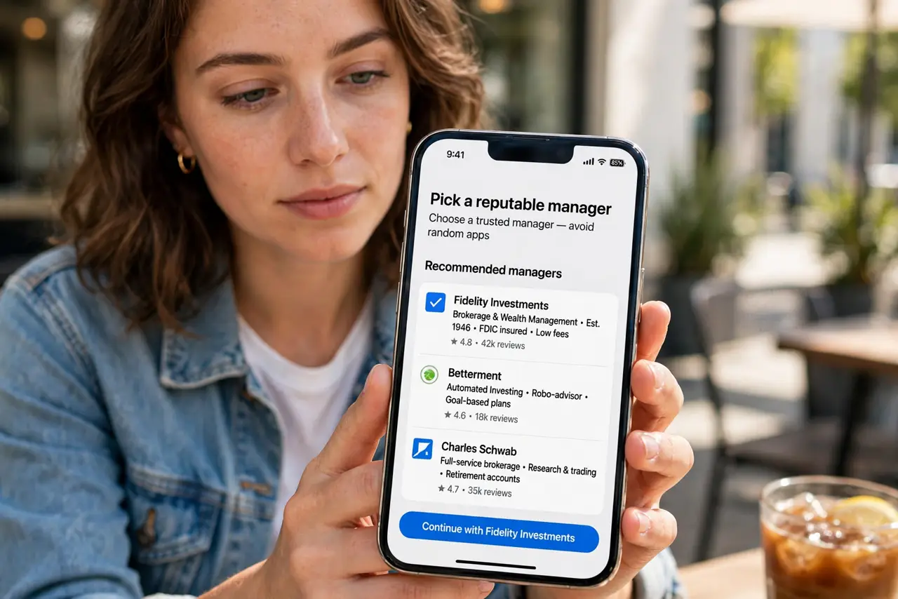 A person calmly performing the guide's first step: Pick a reputable manager, not a random app.
