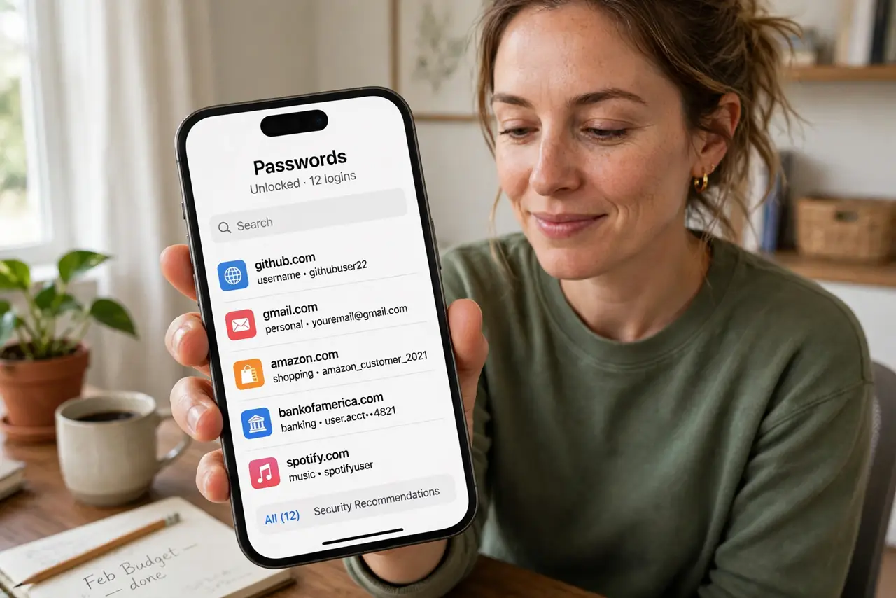 a person unlocking a real password manager vault on a phone showing a legible list of saved logins, the person's face relieved, home office. No black screen, no blank white screen,.