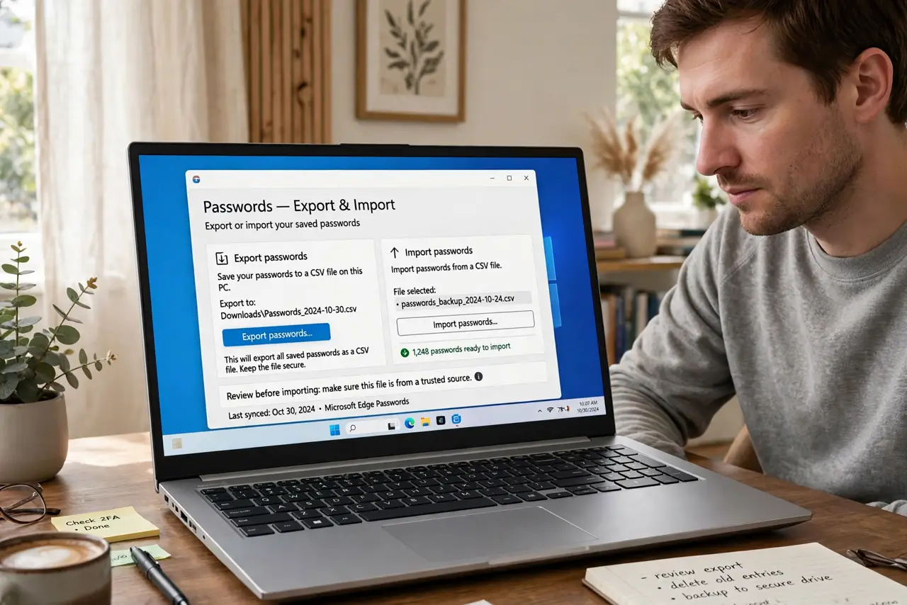 a person at a desk with a real laptop showing a password export and import screen with legible text, the person's face methodical, home office.