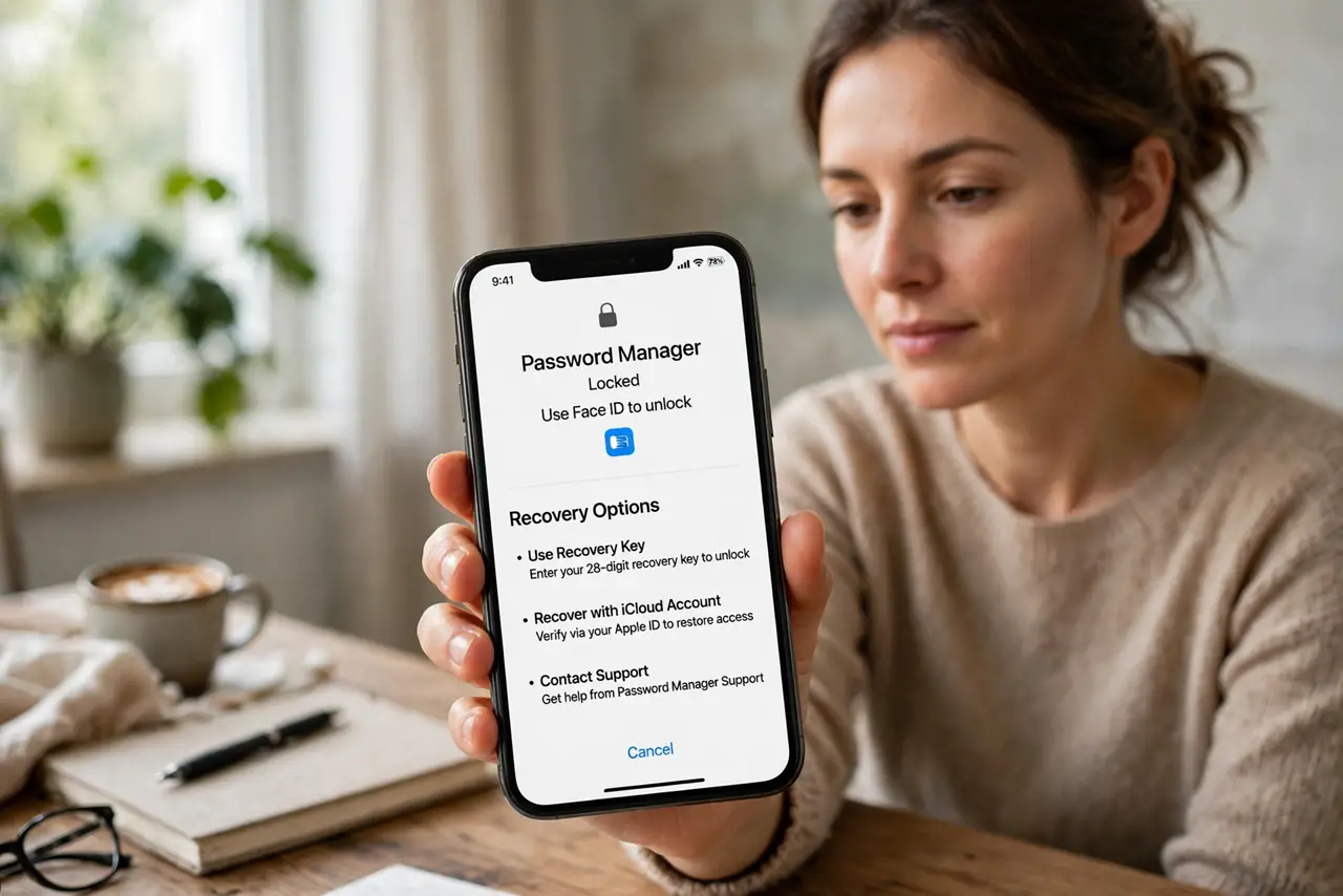 a calm adult at a desk with a real phone in hand showing a password manager lock screen on the real screen, recovery options legible. No black screen, no blank