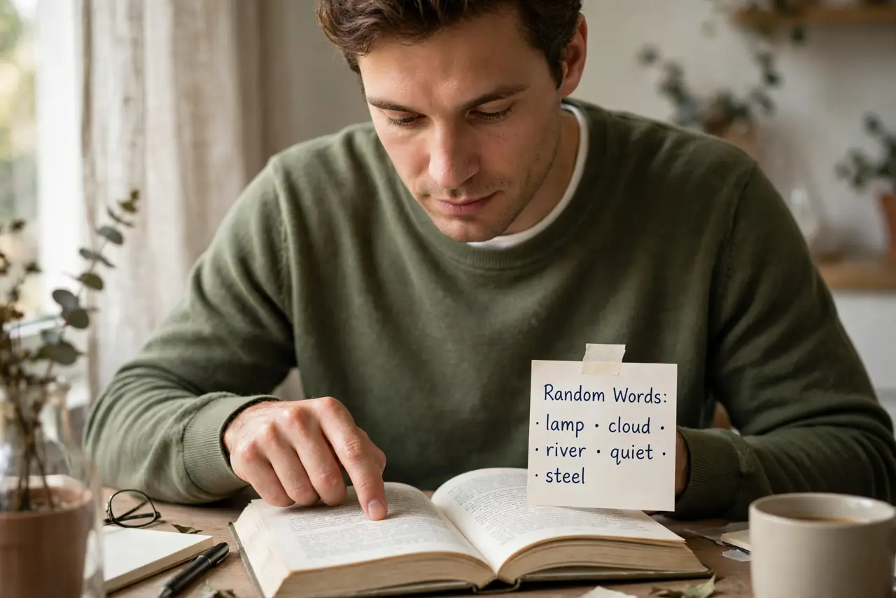 A person performing the first step of the guide: Pick four or five random words.