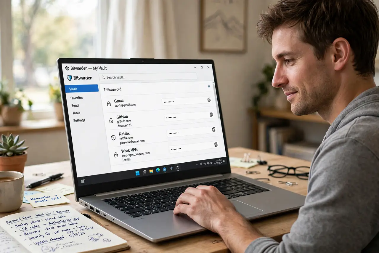 a person typing on a real laptop with a password manager window showing legible entries, a notebook with handwritten word lists beside it, the person's face confident, home office.