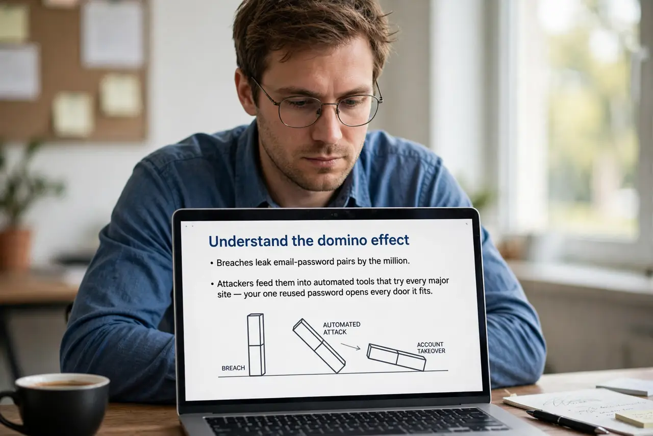 A person performing the first step of the guide: Understand the domino effect.