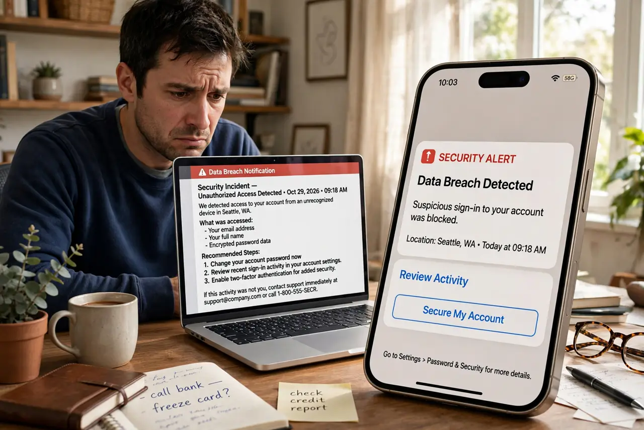 a person looking concerned at a real laptop showing a data breach notification with legible text, a phone beside it, the person's face serious, home office.