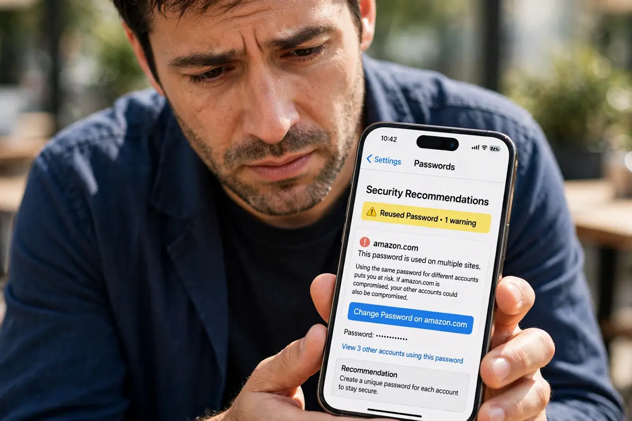 Why Reusing Passwords Is Risky — a concerned adult looking at a real phone showing a security warning about reused passwords, the warning text