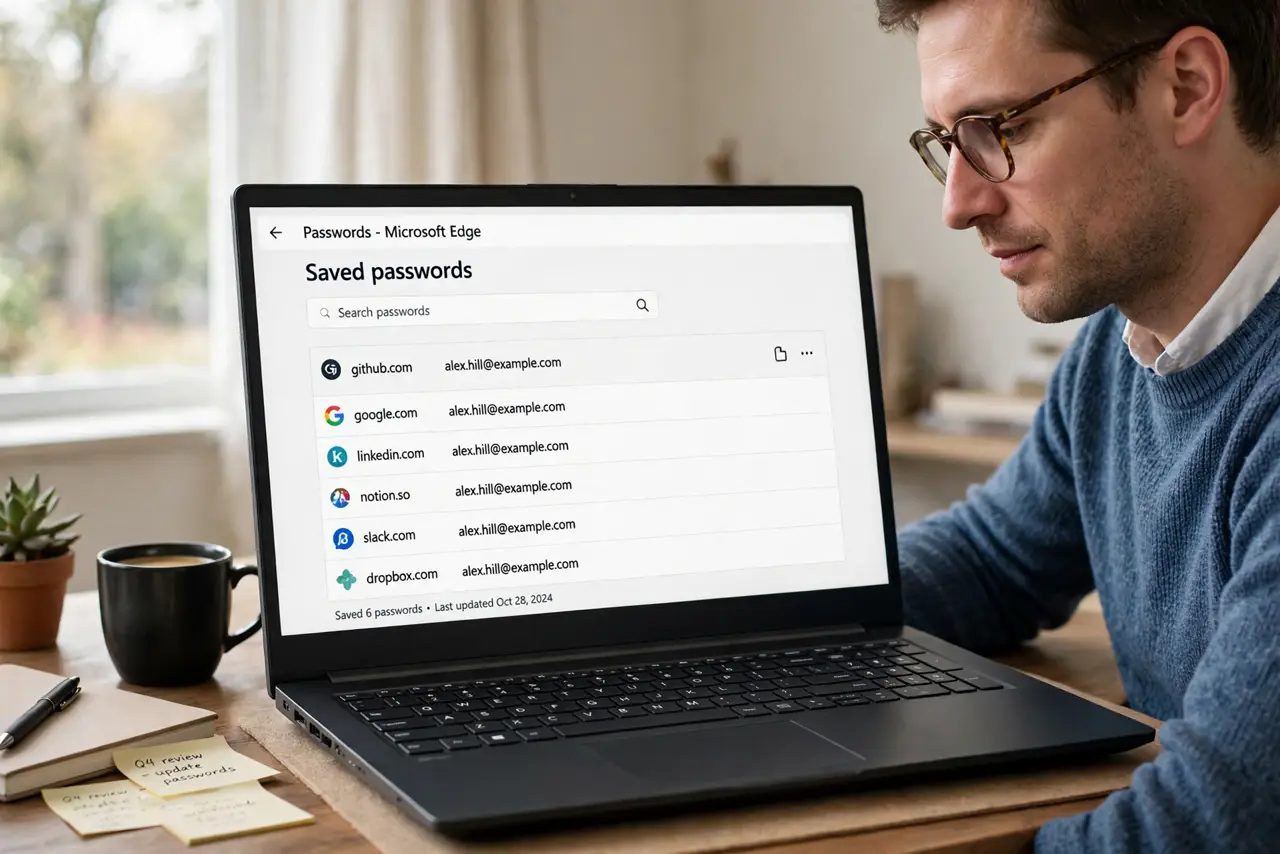 A man reviewing a clean list of saved website logins in Microsoft Edge on a real Windows laptop.