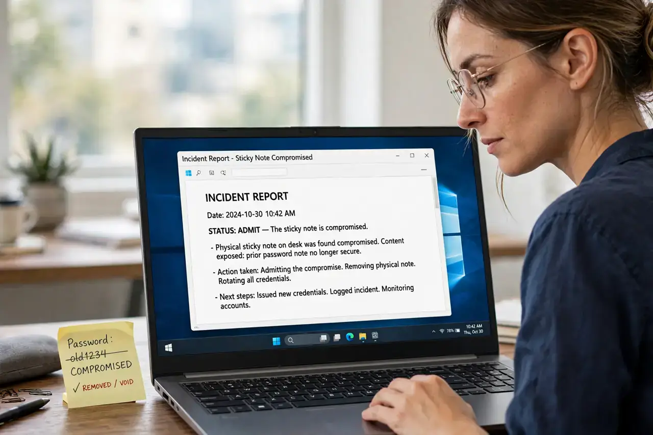 Step 1 in action for Passwords on Sticky Notes: Admit the sticky note is compromised.