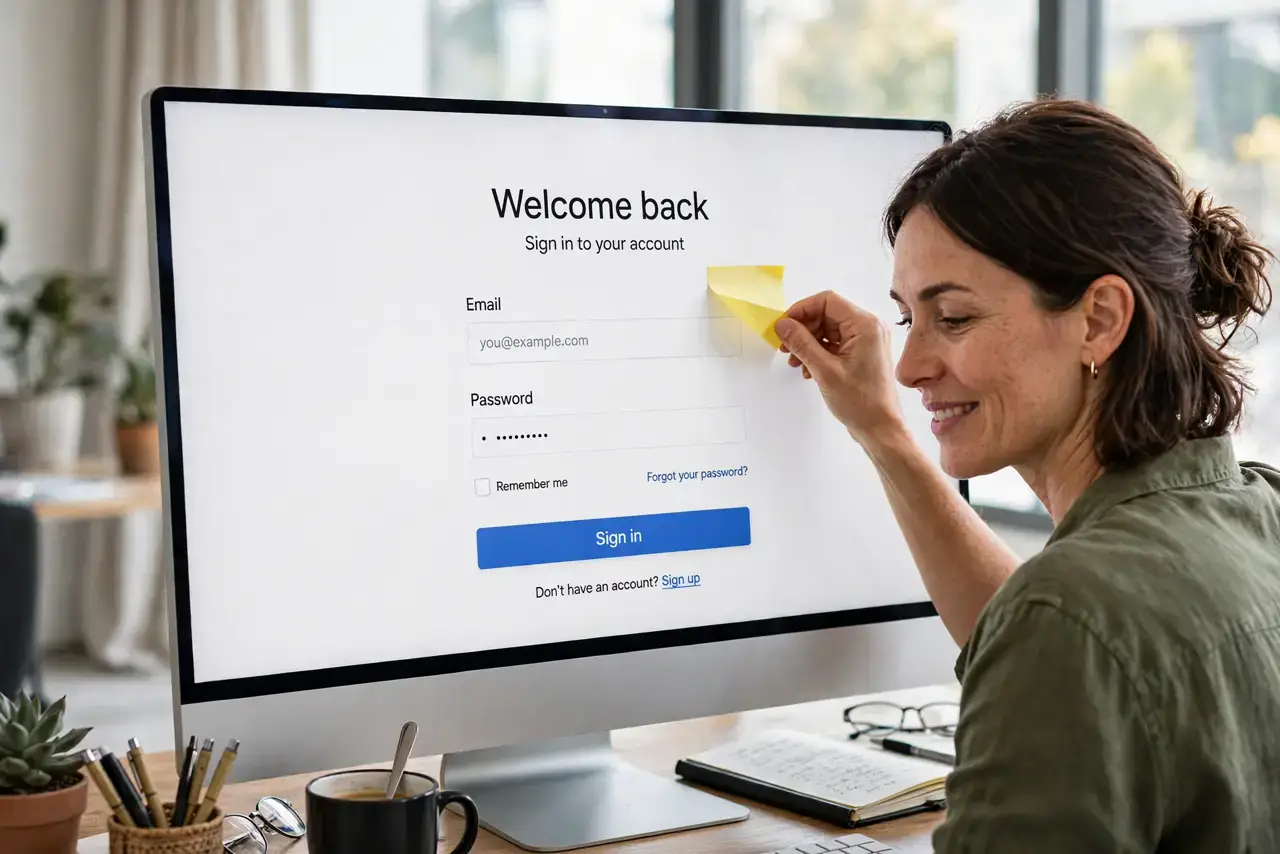 Passwords on Sticky Notes — a thoughtful adult at a desk removing a sticky note from a real monitor, the screen showing a normal login pag