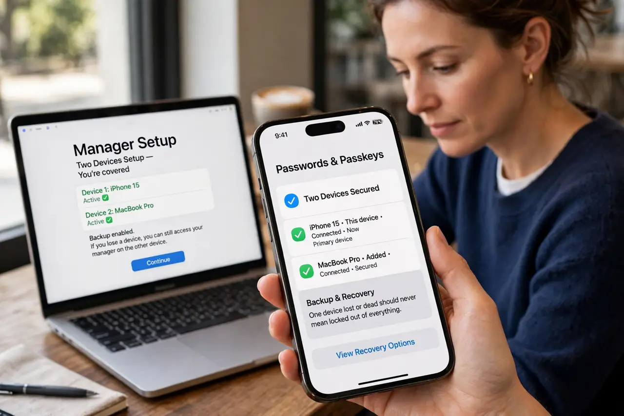 A person performing the first step of the guide: Set up the manager on two devices.
