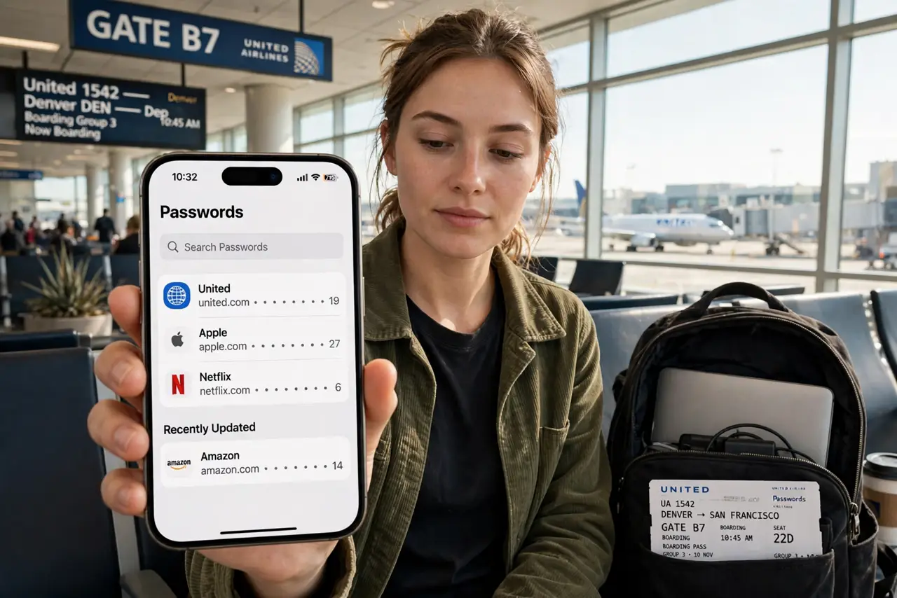 a person at an airport gate with a real phone showing a password manager and a laptop in a bag, boarding pass visible, the person's face prepared and calm, terminal.