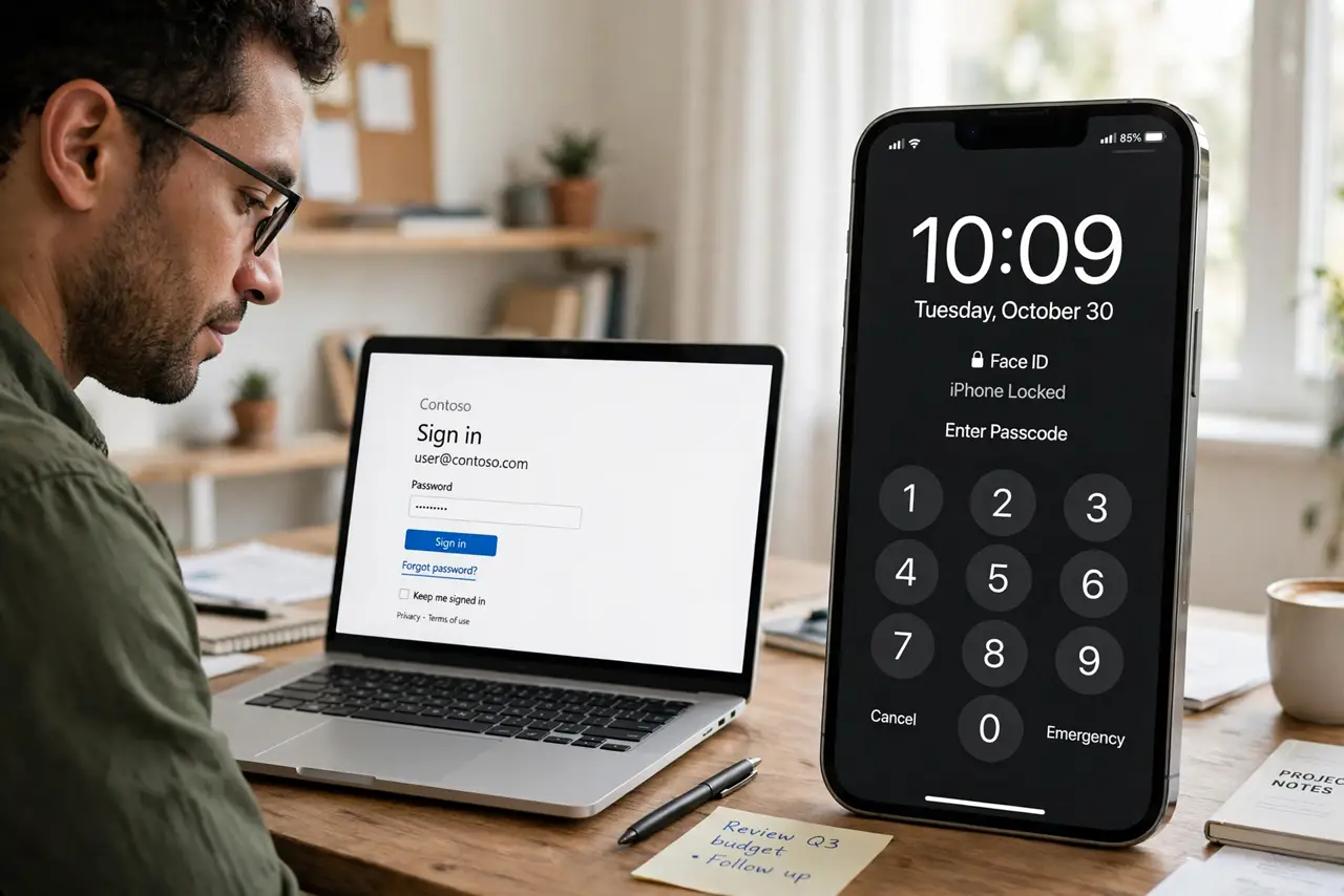 a person with a real work laptop and personal phone side by side on a desk, separate login screens legible, the person's face organized, home office.