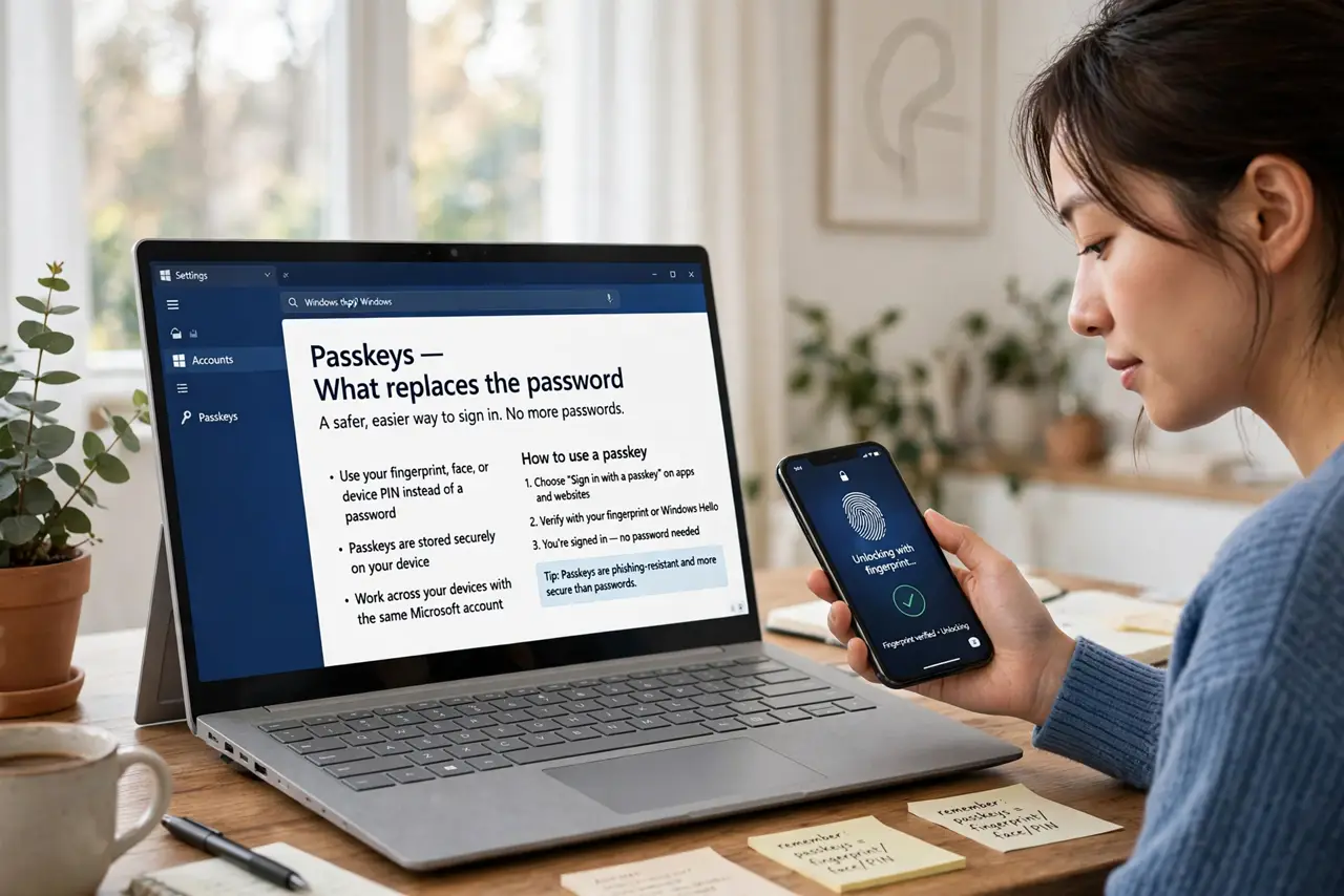 Photoreal photo of a person performing the first step: Understand what replaces the password. Instead of a secret you type, your device proves possess