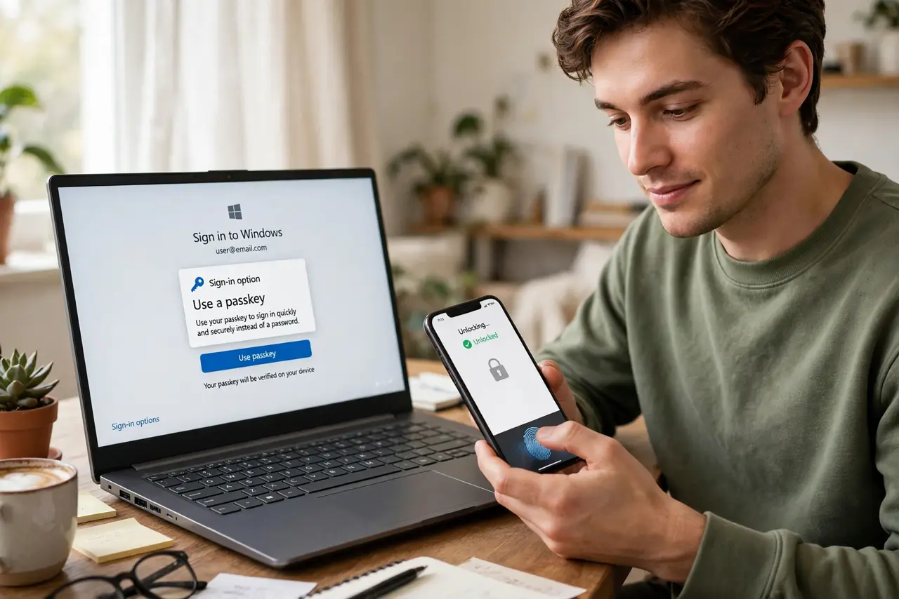 Photoreal photo: a person unlocking a real phone with a fingerprint sensor, a laptop beside showing a login screen with a legible 'use passkey' prompt, the person's face calm and confident, home desk. No black screen, no blank white s