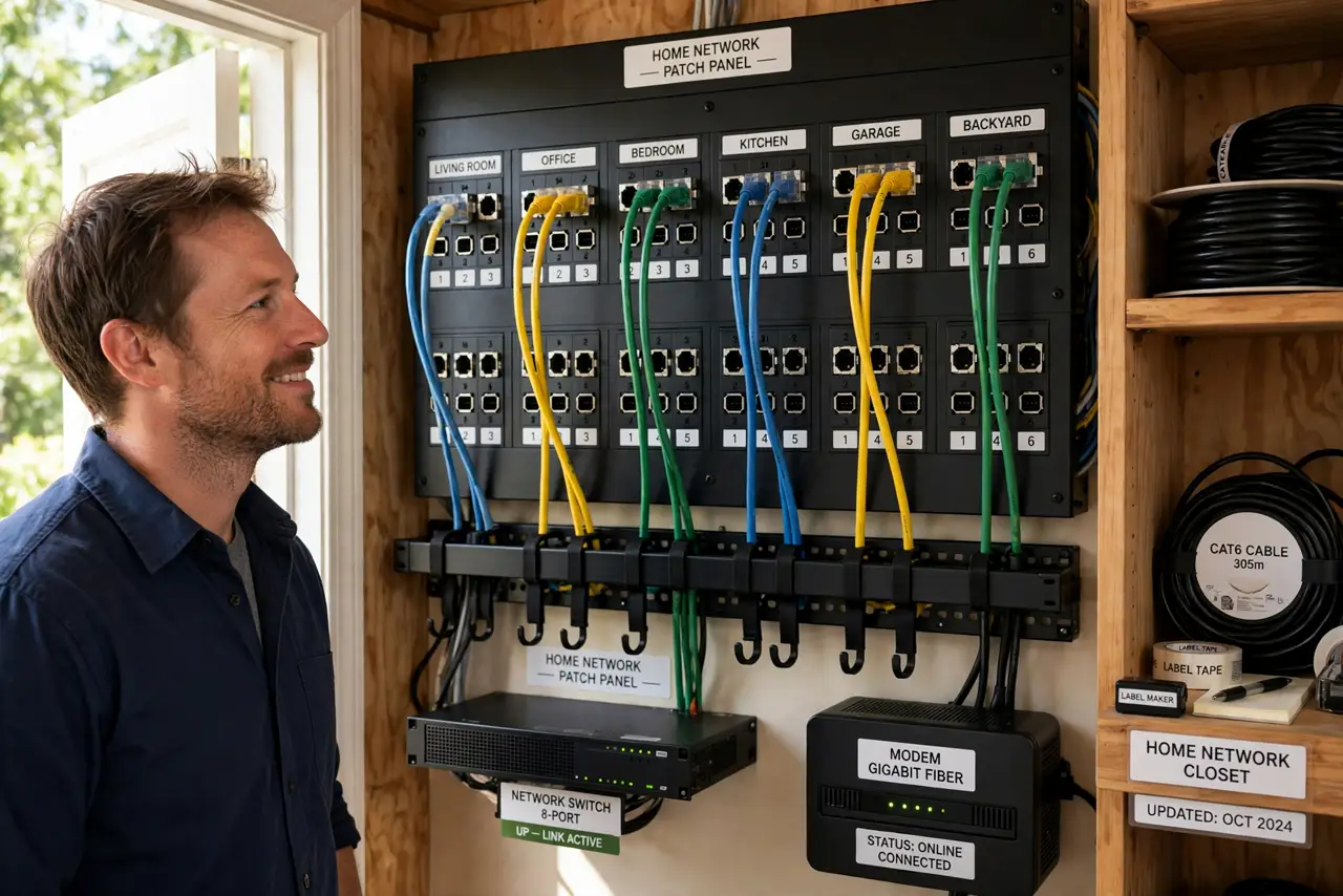 a person looking at a real wall-mounted patch panel with neatly labeled ethernet cables plugged in, the person's face satisfied, home network closet.