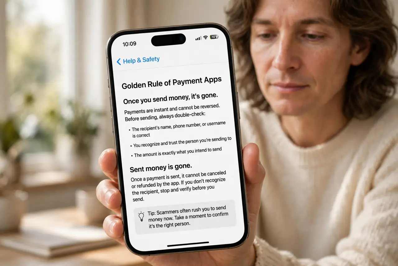 Photoreal photo of a person performing the first step: Learn the golden rule: you sent it, it's gone. Payment apps move money instantly between peo...