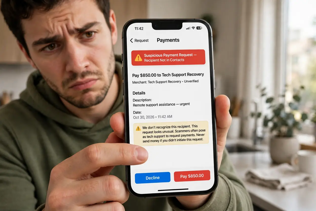Photoreal photo: a person holding a real phone showing a payment app with a suspicious payment request visible and legible on screen, the person's thumb hovering cautiously, face skeptical, indoor lighting. No blac...