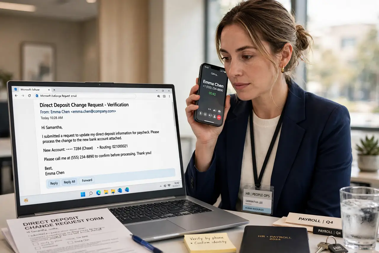 A person performing the first step: Verify by voice, every time. Call the employee at the number HR already has on file — not the number in the email..