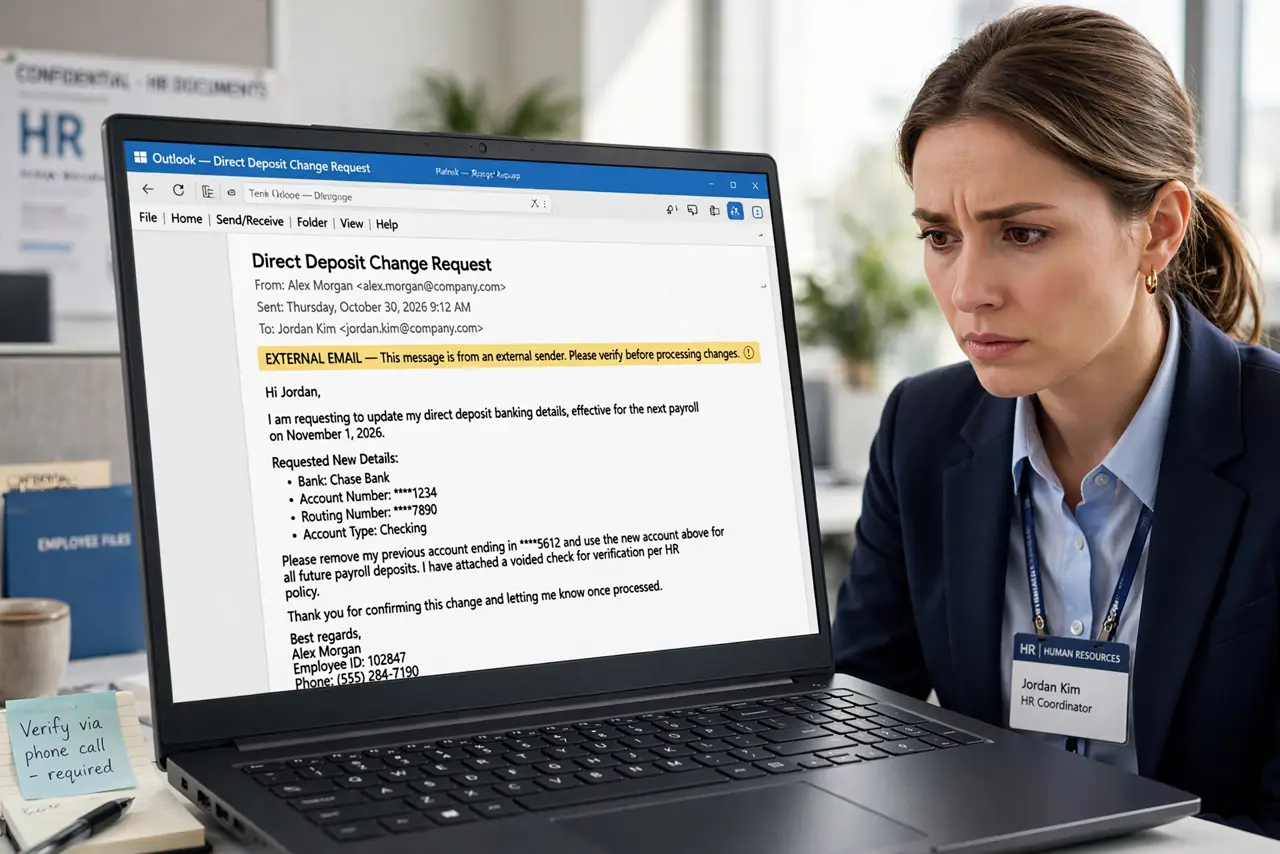 A careful HR employee at a real laptop showing a direct deposit change request email fully legible, the person's face cautious, office.