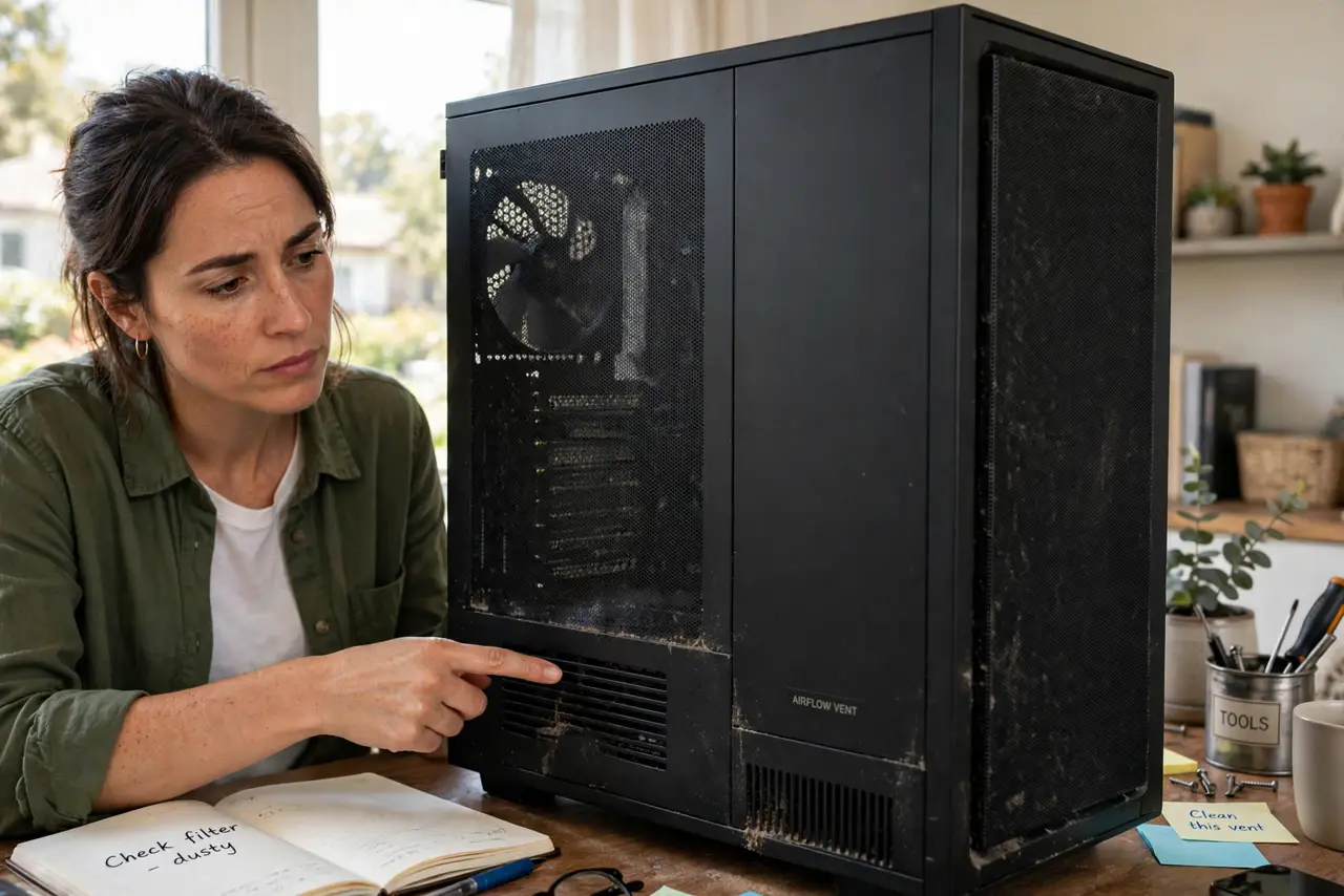 A person looking at a desktop PC case with faint dust visible around the seams, pointing at a vent, the person's face