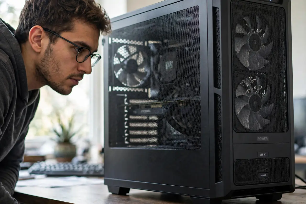 A person leaning toward a real desktop PC tower listening intently, the case's front panel visible, the person's face